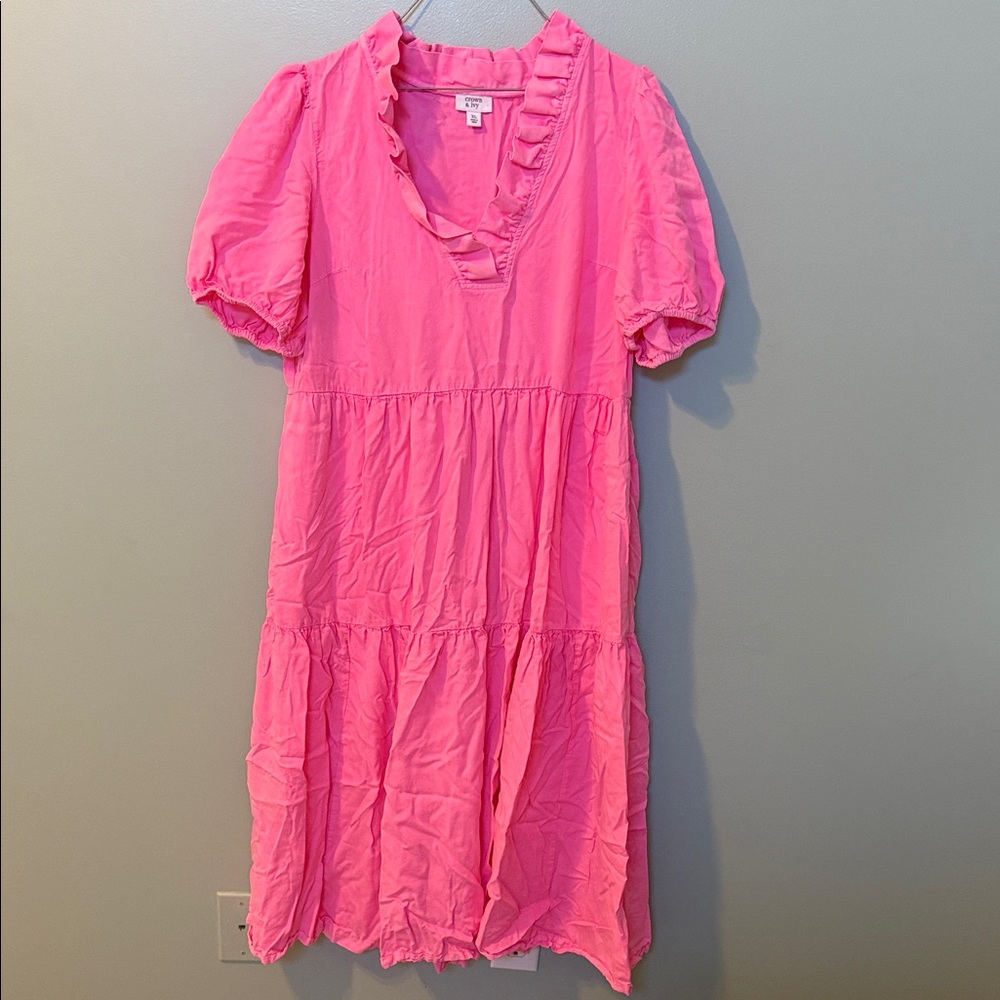 Crown & Ivy Vibrant Pink Ruffled Blouse